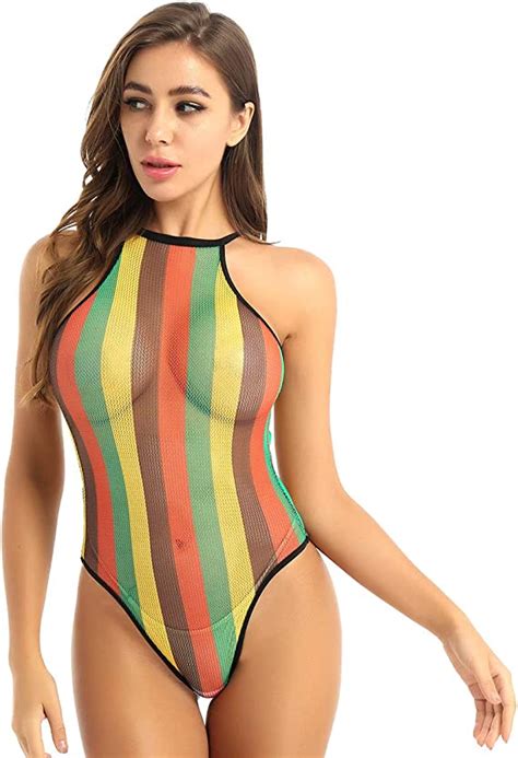 Agoky Womens One Piece Halter Rainbow Striped Swimsuit High Cut See Through Mesh Bodysuit