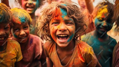 Premium Ai Image Portrait Of Children Celebrating Holi Festival