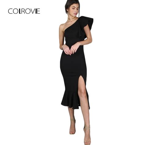Colrovie Black Party Dress Women One Shoulder Frill Peplum Hem Sexy Elegant Summer Dresses Slim