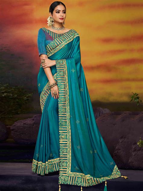 teal blue shaded satin silk saree with embroidered border in 2020 party wear sarees blue silk