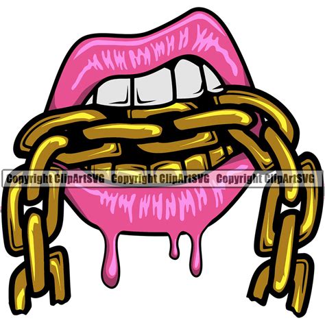 Lips Gold Teeth Bite Biting Gold Necklace Chain Design Element Dripping Face Sexy Mouth Position