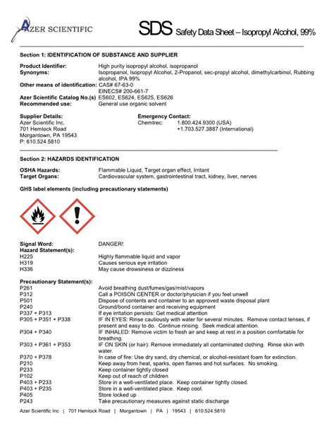 Sds Safety Data Sheet Isopropyl Alcohol 99 Docslib