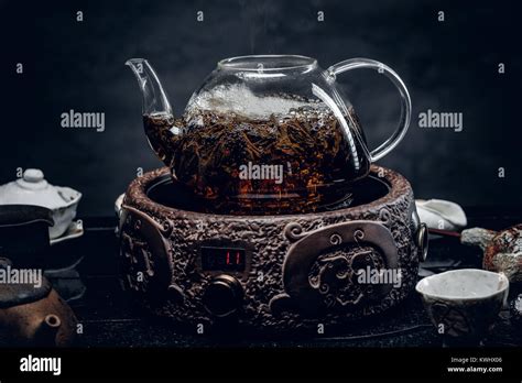 Traditional Herbal Tea In Transparent Glass Teapot Studio Shot Stock