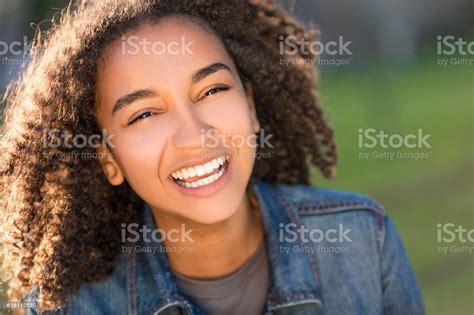 Mixed Race African American Girl Teenager With Perfect Teeth Stock