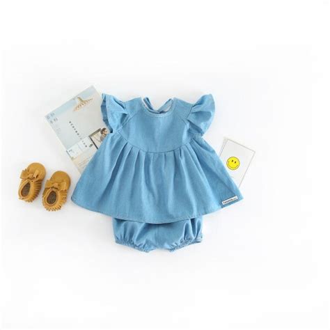 2pcs Girls Jean Blue Clothing Set Kids O Neck Collar Short Sleeve T