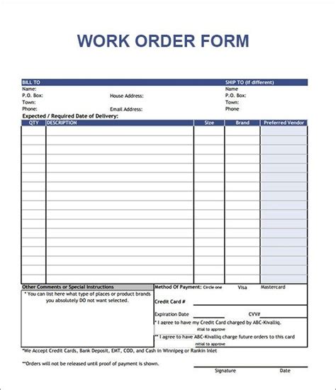 Work Order Template Free Download Order Form Template Free
