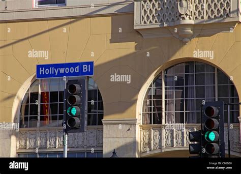 Traffic Lights And Street Sign Hollywood Boulevard Los Angeles