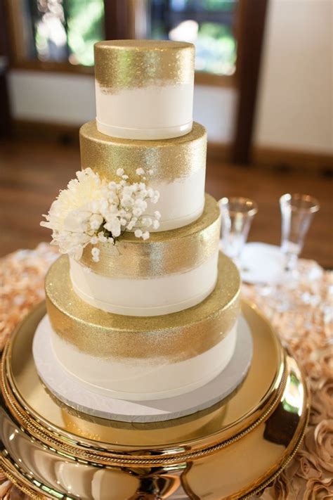 Sparkly Gold Wedding Cake And White Flowers Wedding Cake Simple