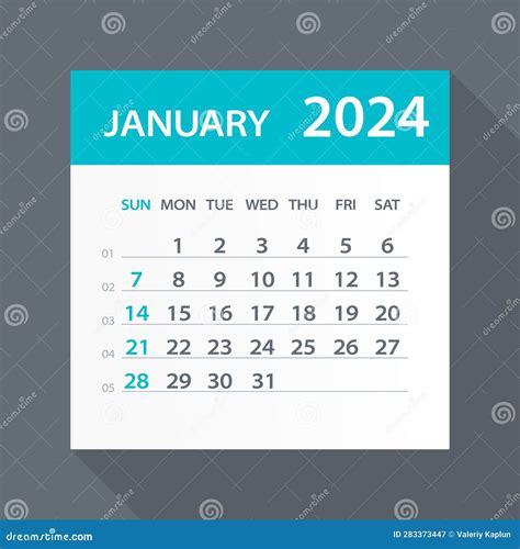 January 2024 Calendar Green Leaf Vector Illustration Stock Vector