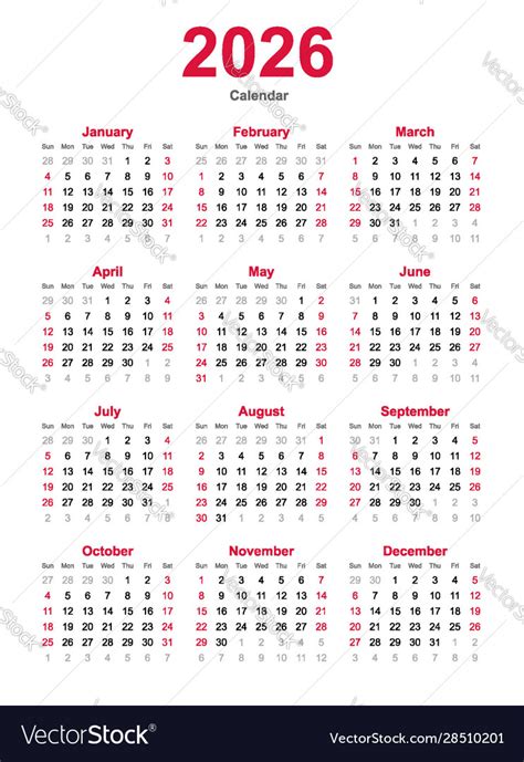 Calendar 2026 12 Months Yearly Calendar Vector Image