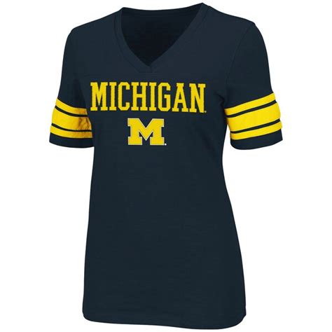 Michigan Wolverines Ladies Yardline V Neck Slim Fit T Shirt Navy Blue
