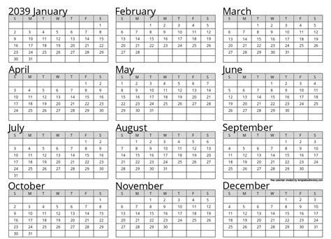 Full Year 2039 Calendar Template