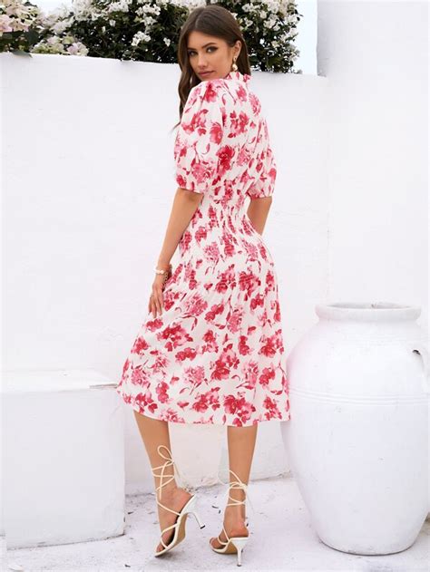 SHEIN VCAY Floral Print Puff Sleeve Shirred Waist Dress SHEIN USA