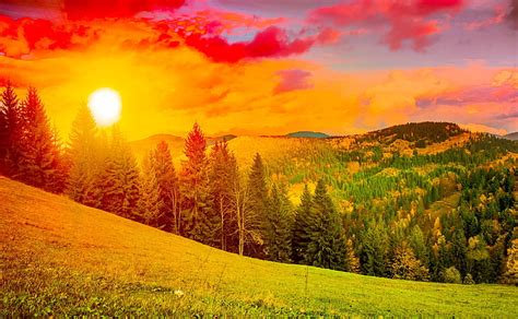 Hd Wallpaper Colorful Sunrise Mountain Landscape Green Pine Trees