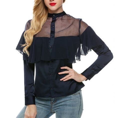 Finejo Women Frill Long Sleeve Peplum Patchwork Tops Blouse 2097 Free Shipping Patchwork Top