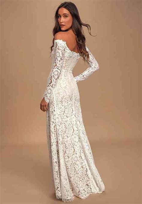 Romance Dreamer White Lace Off The Shoulder Maxi Dress Sheath Wedding Dress By Lulus Bridal