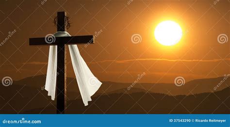 Dramatic Lighting Of Mountain Sunrise With Easter Cross Stock Photo