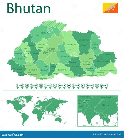 Carte Détaillée Et Drapeau Du Bhoutan Bhoutan Sur La Carte Du Monde