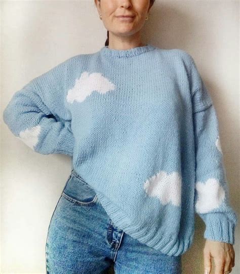 Blue Sweater With Clouds Womens Knitted Sweater With Clouds Cloud