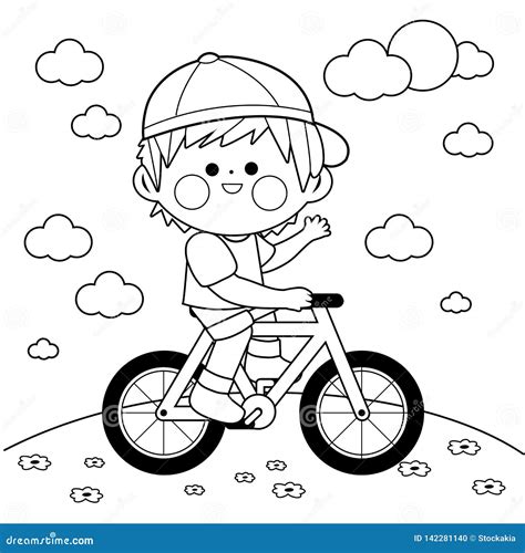 Child Riding A Bicycle At The Park Vector Black And White Coloring