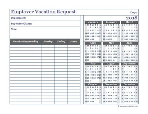 2018 Business Employee Vacation Request Vacation Calendar Vacation