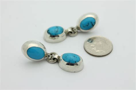 Sterling Silver 925 Mexico Double Turquoise Dangling Stud Earrings 15