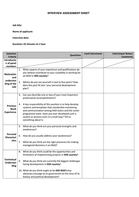 Interview Assessment Sheet Templates At