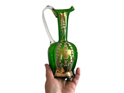 Vintage Retro Elegant Bohemian Art Glass Pitcher Emerald Green With Clear Handle And Gold Trim