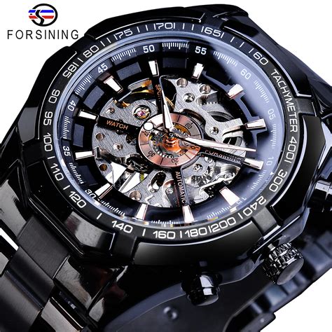 Forsining Sport Racing Series Skeleton Stainless Steel Black Golden