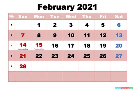 Printable February 2021 Calendar Word