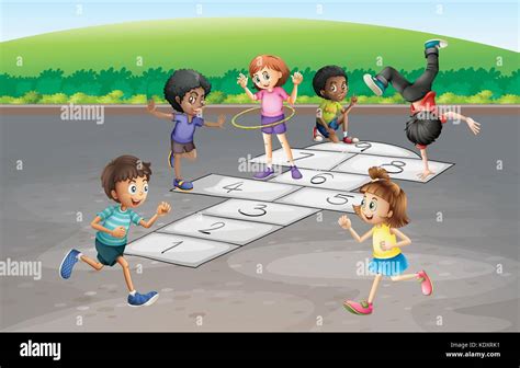 Many Children Playing Hopscotch In The Park Illustration Stock Vector