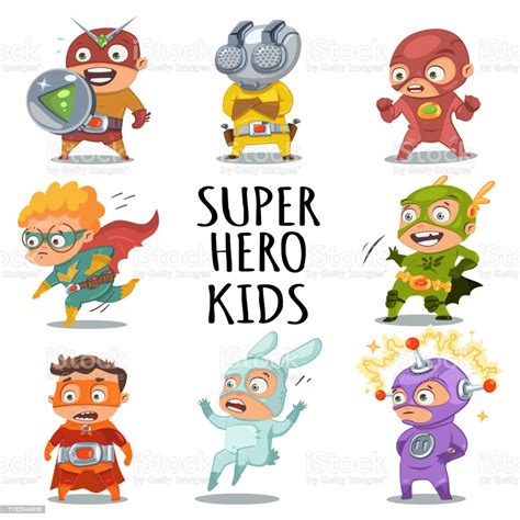 Cute Superhero Kids In Colorful Costumes Vector Cartoon Characters Set