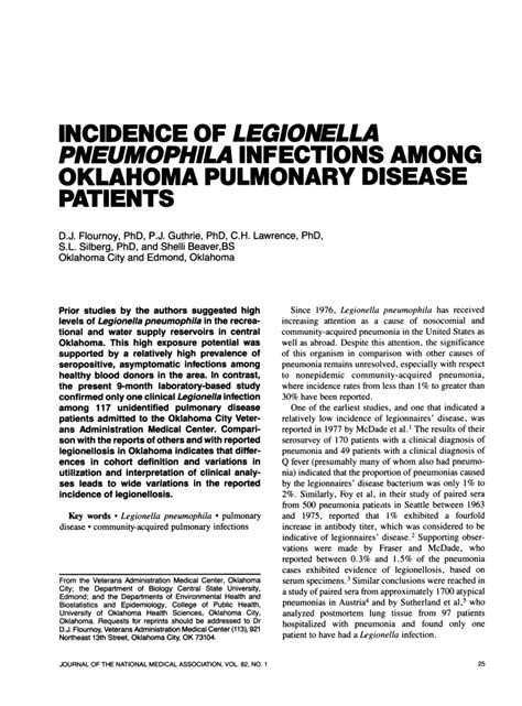 Pdf Incidence Of Legionella Pneumophila Infections Among Oklahoma