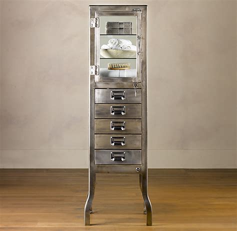 Find everything about it right here. Pharmacy Large Bath Cabinet with Drawers Burnished Steel