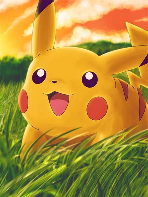 Download 1536x2048 Pikachu, Smiling, Pokemon, Grass, Clouds Wallpapers ...