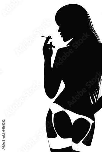 Silhouette Of Young Woman In Lingerie Smoking A Cigarette Vector