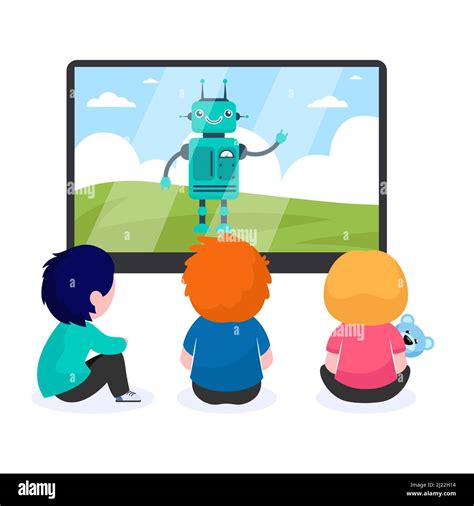 Children Watching Cartoon With Robot Tv Screen Toy Flat Vector