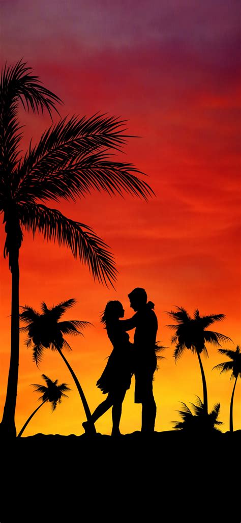 Couple 4k Wallpaper Palm Trees Orange Sky Sunset Silhouette
