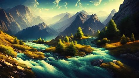 Fabulous Landscape Of The River In The Mountains Warm Sunset Light