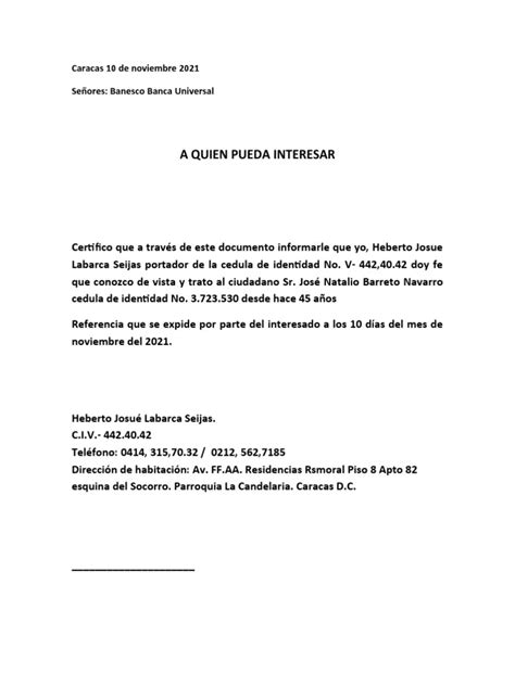 Carta De Referencia Bancaria Banesco Cheo Navarro Heberto Pdf