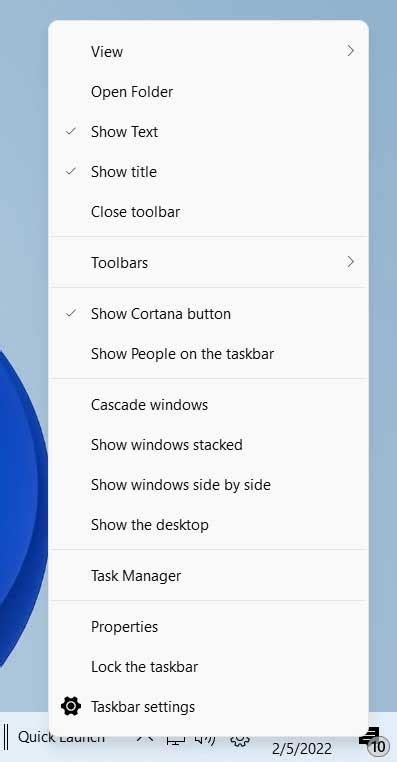 Add The Quick Launch Toolbar To The Taskbar In Windows 11