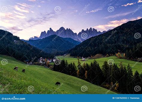 Early Morning Landscape Of Dolomite Alps Stock Image Image Of Church