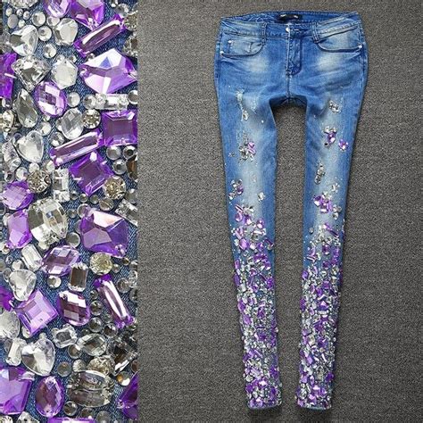 Handmade Purplewomen Luxury Rhinestones Diamond Denim Jeans Women