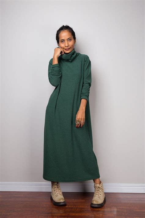 Forrest Green Dress Mid Length Turtleneck Dress Tube Dress Long