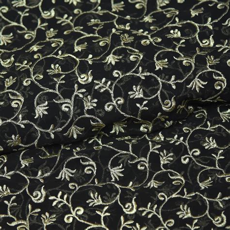 Buy Black Poly Georgette Base Fabric With Golden Leaf Embroidery 60044