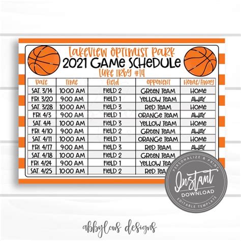 Editable And Printable Basketball Game Schedule Template