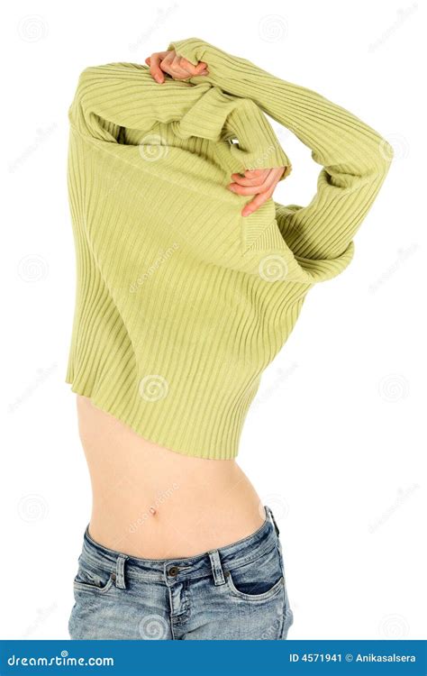 Pretty Woman Takes Off A Green Sweater Stock Image Image Of Humour