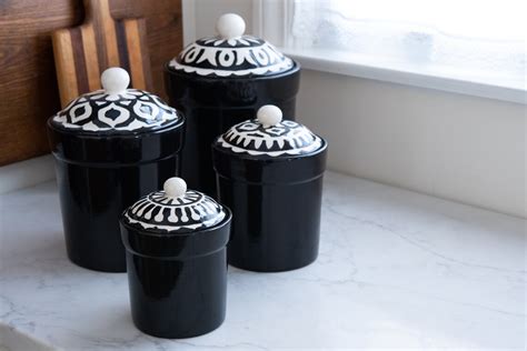 Black And White Ceramic Kitchen Canister Set And Utensil Etsy