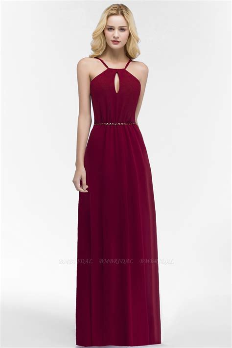 bmbridal burgundy spaghetti straps long bridesmaid dress with beading sash bmbridal