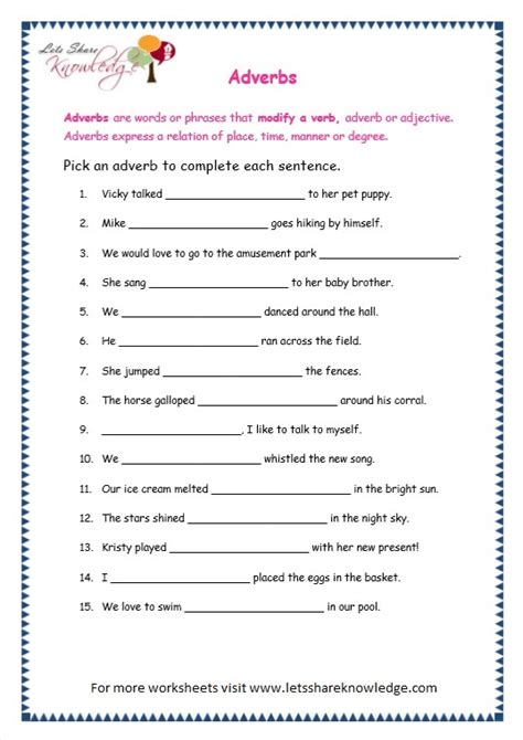 grade  grammar topic  adverbs worksheets lets share knowledge
